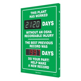 Accuform Signs® 28" X 20" White/Green Aluminum DIGI-DAY® Safety Scoreboard "THIS PLANT HAS WORKED ____ DAYS WITHOUT AN OSHA RECORDABLE INJURY THE BEST PREVIOUS RECORD WAS ____ DAYS DO YOUR PART HELP MAKE A NEW RECORD"