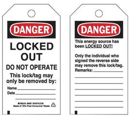 Brady® 5 3/4" X 3" Black/Red/White Rigid Polyester Tag (25 Per Pack) "LOCKED OUT DO NOT OPERATE This lock/tag may only be removed by___Name____Date_______"