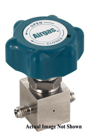 Airgas® 2 3/8" Long Brass 1/4-Turn Model Diaphragm Packless Valve With 3000 PSI Maximum Operating Pressure, 1/4" Compression Fittings On Inlet And Outlet And Blue Lever