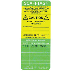 Brady® 7.625" X 3.25" Black/Green/Yellow/White SCAFFTAG® Rigid Polyester Insert (100 Per Pack) "SCAFFTAG CAUTION SAFETY HARNESS REQUIRED 1926.451(G)(1) EACH EMPLOYEE ON A SCAFFOLD MORE THAN TEN FEET (3.1M) ABOVE A LOWER LEVEL SHALL BE PROTECTED FROM…"