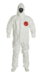 DuPont™ Large White Tychem® 4000 12 mil Chemical Protective Coveralls (With Respirator Fitting Hood, Elastic Wrists And Attached Socks)