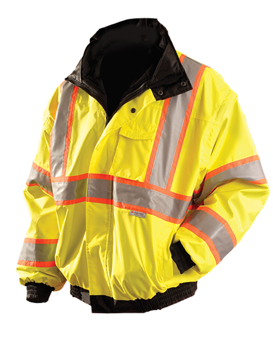 Hi-Viz Yellow And Black PVC Coated Polyester ANSI Class 3 Occulux Bomber Jacket With 3M/™ Reflective Strpes And Nylon Lining
