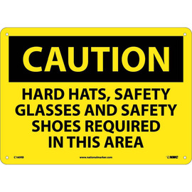 NMC™ 10" X 14" Yellow .05" Plastic Personal Protective Equipment Sign "CAUTION HARD HATS SAFETY GLASSES AND SAFETY SHOES REQUIRED IN THIS AREA"