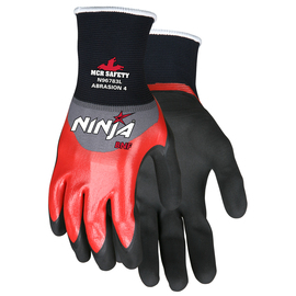 MCR Safety® Medium Ninja® BNF 18 Gauge Red Nitrile Three-Quarter Coated Work Gloves With Red Nylon And Spandex® Liner And Knit Wrist