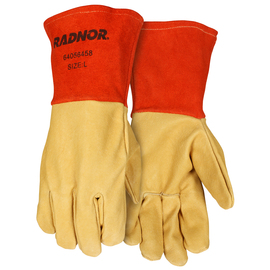RADNOR™ Large 11 1/2" Gold And Red Premium Grain Pigskin Unlined MIG Welders Gloves With 4" Split Cowhide Gauntlet Cuff