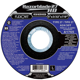 Flexovit® 5" X 3/32" X 7/8" Razorblade 27® 24 - 30 Grit Aluminum Oxide Grain Reinforced Type 27 Depressed Center Cut Off Wheel