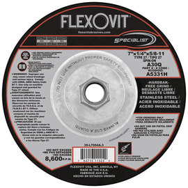 Flexovit® 7" X 1/4" X 5/8" - 11 SPECIALIST® STAINLESS STEEL 30 Grit Aluminum Oxide Grain Reinforced Type 27 Spin-On Depressed Center Grinding Wheel