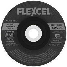 Flexovit® 4 1/2" X 1/8" X 7/8" FLEXCEL® 12 - 36 Grit Aluminum Oxide Grain Reinforced Type 27 Semi Flexible Grinding Wheel