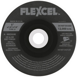 Flexovit® 5" X 1/8" X 7/8" FLEXCEL® 24 - 60 Grit Aluminum Oxide Grain Reinforced Type 27 Semi Flexible Grinding Wheel