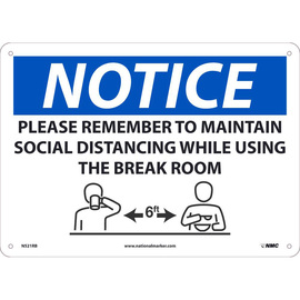 NMC™ 10" X 14" White/Blue/Black .05" Plastic COVID/Social Distancing Sign "NOTICE PLEASE REMEMBER TO MAINTAIN SOCIAL DISTANCING WHILE USING THE BREAK ROOM (With Pictogram)"