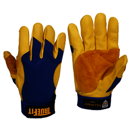 Tillman™ Size Small Blue And Gold TrueFit™ Deerskin And Spandex Full Finger Mechanics Gloves With Elastic And Hook and Loop Cuff