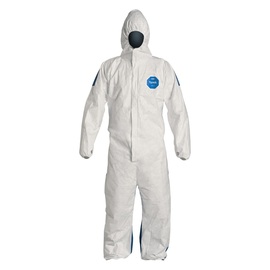 DuPont™ Large White/Blue Tyvek® 400 D 5.9 mil/12 mil Coveralls (With Respirator Fitting Hood, Elastic Wrists And Ankles)