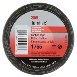 3M™ 0.75" X 60' Black Temflex™ 1755 13 mil Cotton Friction Tape
