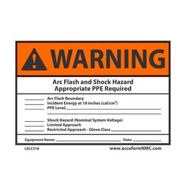 AccuformNMC™ 3 1/2" X 5" Black/Orange/White Vinyl Electrical Safety Label "WARNING ARC FLASH AND SHOCK HAZARD APPROPRIATE PPE REQUIRED ___ FLASH HAZARD BOUNDARY ___ INCIDENT ENERGY AT 18 INCHES (CAL/CM2)"
