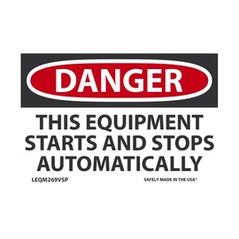 AccuformNMC™ 3 1/2" X 5" Black/Red/White Vinyl Equipment Safety Label "DANGER THIS EQUIPMENT STARTS AND STOPS AUTOMATICALLY"