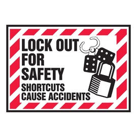 AccuformNMC™ 3 1/2" X 5" Black/Red/White Vinyl Lockout/Tagout Safety Label "LOCK OUT FOR SAFETY SHORTCUTS CAUSE ACCIDENTS (With Graphic)"