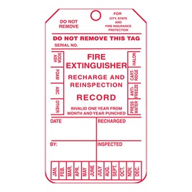 AccuformNMC™ 5 3/4" X 3 1/4" Red/White PF-Cardstock Fire Inspection Tag "FIRE EXTINGUISHER RECHARGE AND REINSPECTION RECORD"