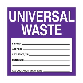 AccuformNMC™ 4" X 4" Purple/White Poly Hazardous Waste Label "UNIVERSAL WASTE..."