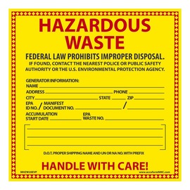 AccuformNMC™ 6" X 6" Black/Red/Yellow Poly Hazardous Waste Label "HAZARDOUS WASTE FEDERAL LAWS PROHIBIT IMPROPER DISPOSAL IF FOUND/CONTACT THE NEAREST POLICE OR PUBLIC SAFETY AUTHORITY"