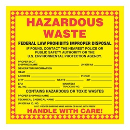 AccuformNMC™ 6" X 6" Black/Red/Yellow Paper Hazardous Waste Label "HAZARDOUS WASTE FEDERAL AND STATE LAW PROHIBITS IMPROPER DISPOSAL IF FOUND CONTACT THE NEAREST POLICE OR PUBLIC SAFETY AUTHORITY"