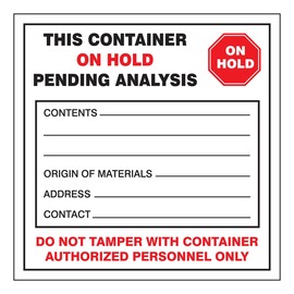 AccuformNMC™ 6" X 6" Black/Red/White Poly Hazardous Waste Label "THIS CONTAINER ON HOLD PENDING ANALYSIS CONTENTS___ORIGIN OF MATERIALS___ADDRESS___CONTACT___DO NOT TAMPER WITH CONTAINER AUTHORIZED PERSONNEL ONLY"