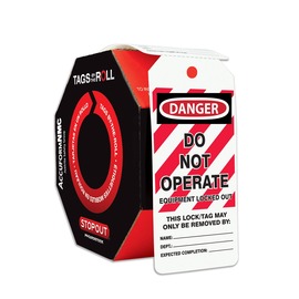 AccuformNMC™ 6 1/4" X 3" Black/Red/White PF-Cardstock Safety Tags By-The-Roll "DANGER DO NOT OPERATE EQUIPMENT LOCKED OUT THIS LOCK/TAG MAY ONLY BE REMOVED BY: NAME:___DEPT.:___EXPECTED COMPLETION:___..."