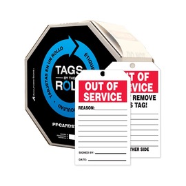 AccuformNMC™ 6 1/4" X 3" Black/Red/White PF-Cardstock Safety Tags By-The-Roll "OUT OF SERVICE REASON:___SIGNED BY:___DATE:___/OUT OF SERVICE DO NOT REMOVE THIS TAG! REASON:___"