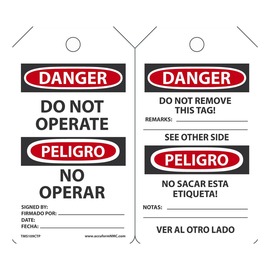 AccuformNMC™ 5 3/4" X 3 1/4" Black/Red/White PF-Cardstock Equipment Status Tag "DANGER DO NOT OPERATE SIGNED BY:___DATE___/DANGER DO NOT REMOVE THIS TAG! REMARKS:___ (Spanish Bilingual)"