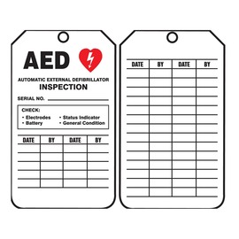 AccuformNMC™ 5 3/4" X 3 1/4" Black/Red/White PF-Cardstock AED Status Tag "AED AUTOMATIC EXTERNAL DEFIBRILLATOR INSPECTION SERIAL NO.___.../DATE___BY___DAGE___BY___"