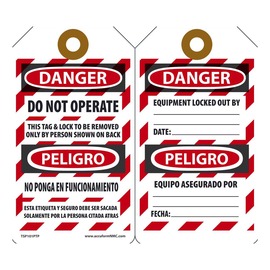 AccuformNMC™ 5 3/4" X 3 1/4" Black/Red/White RP-Plastic Lockout/Tagout Tag "DANGER DO NOT OPERATE THIS TAG & LOCK TO BE REMOVED ONLY BY PERSON SHOWN ON BACK/DANGER EQUIPMENT LOCKED OUT BY___DATE:___ (Spanish Bilingual)"