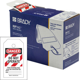 Brady® 5.75" X 3" Black/Red/White RipTag™ Rigid Polyester Tag (250 Per Box) "DO NOT OPERATE This lock/tag may only be removed by___Name _____ Date _____"