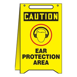 Accuform Signs® 20" X 12" Black/Red/Yellow Plastic Fold-Ups® Floor Sign "CAUTION EAR PROTECTION AREA"