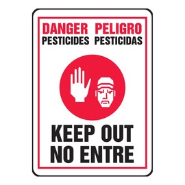 Accuform Signs® 14" X 10" Black/Red/White Adhesive Dura-Vinyl™ Bilingual/Safety Sign "DANGER PESTICIDES KEEP OUT"