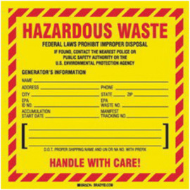 Brady® 6" X 6" Black/Red/Yellow Permanent Acrylic Vinyl Label (50 Per Pack) "FEDERAL LAWS PROHIBIT IMPROPER DISPOSAL IF FOUND, CONTACT THE NEAREST POLICE OR PUBLIC SAFETY AUTHORITY OR THE U.S. ENVIRONMENTAL PROTECTION AGENCY GENERATOR'S INFORMATION"
