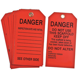 Brady® 5 3/4" X 3" Black/Red Heavy-Duty Polyester Scaffolding Tag (10 Per Pack) "DO NOT USE THIS SCAFFOLD KEEP OFF THIS SCAFFOLD IS BEING ERECTED, TAKEN DOWN OR HAS BEEN FOUND DEFECTIVE DO NOT ALTER DATE___COMPETENT PERSON___SIGNATURE___COMMENTS___"