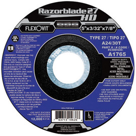 Flexovit® 4 1/2" X 3/32" X 5/8" - 11 Razorblade 27® 24 - 30 Grit Aluminum Oxide Grain Reinforced Type 27 Spin-On Depressed Center Cut Off Wheel