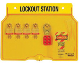 Master Lock® Yellow 16" X 12 1/4" X 1 3/4" Resilient Polycarbonate Padlock Station Includes (4) Keyed Different Padlocks, (2) Hasps And (1) Tag (Keyed Differently)