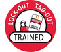 AccuformNMC™ 2" X 2" White/Black/Red Pressure Sensitive/Adhesive Backed Vinyl (25 Per Pack) "LOCK-OUT TAG-OUT TRAINED"