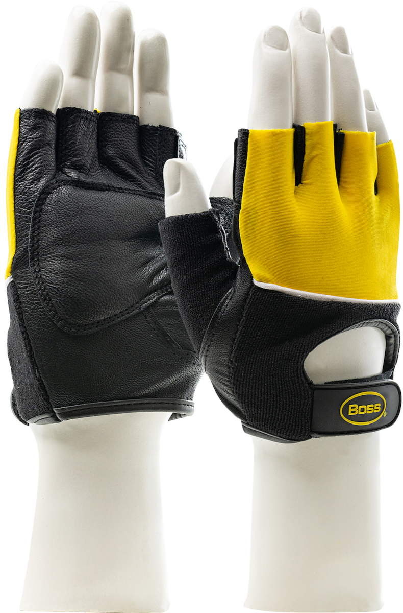PIP Global Safety Small Yellow Boss Goatskin And Nylon And Terrycloth Half Finger AntiVibration Gloves With Hook And Loop Cuff PIP Global Safety Small Yellow Boss Goatskin And Nylon And Terrycloth Half Finger AntiVibration Gloves With Hook And Loop Cuff