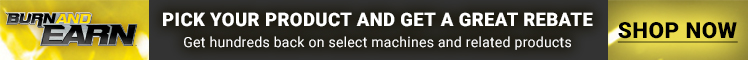 Featuring an ESAB Earn and Burn logo, the banner reads: Pick your rebate and get a great product: Get hundreds back on select machines and related products — SHOP NOW.