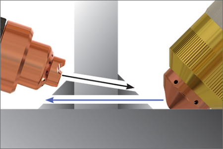 This diagram demonstrates how FlushCut consumables allow Powermax users to cut closer to the base than traditional plasma cutting.