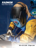 Cover for the RADNOR product catalog showing a woman welding while wearing a RADNOR welding jacket and welding helmet made by 3M Speedglas. 
