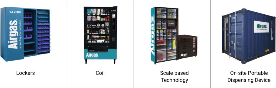 Four Airgas vending machines (Lockers, Coil, Scale-based Tech & On-site Dispensing) on white backing with gray-lined dividers