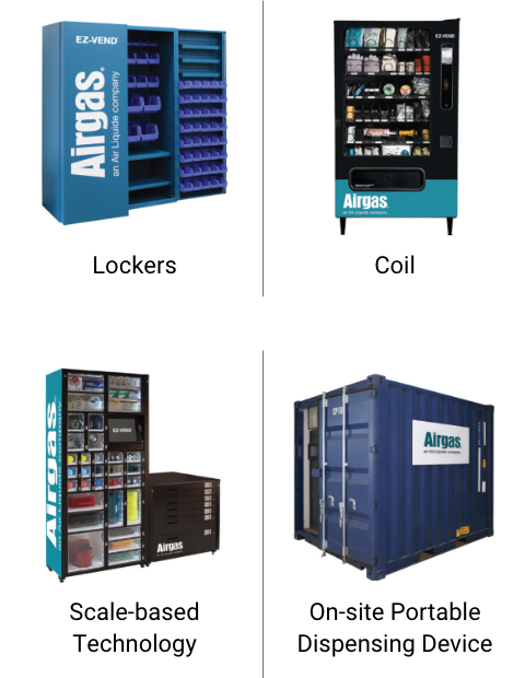 Four Airgas vending machines (Lockers, Coil, Scale-based Tech & On-site Dispensing) on white backing with gray-lined dividers