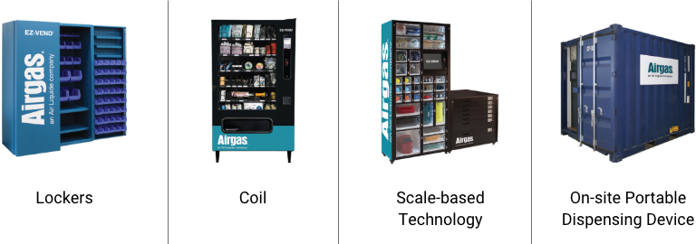 Four Airgas vending machines (Lockers, Coil, Scale-based Tech & On-site Dispensing) on white backing with gray-lined dividers