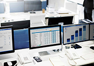 A row of desktop computers display organized data in various formats.
