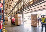 Warehouse workers operate forklifts and move boxes in a busy distribution environment.