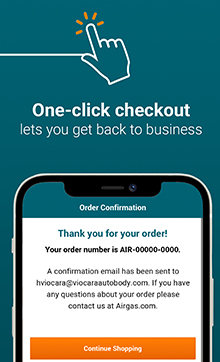 Tall teal rectangle mobile phone screenshot of the Airgas reorder app & One-click checkout headline.