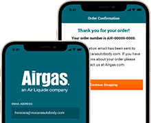 Mobile phones with teal Airgas Reorder app screens on them.