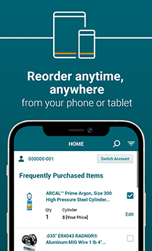 Tall teal rectangle mobile phone screenshot of the Airgas reorder app & Reorder anytime, anywhere header.